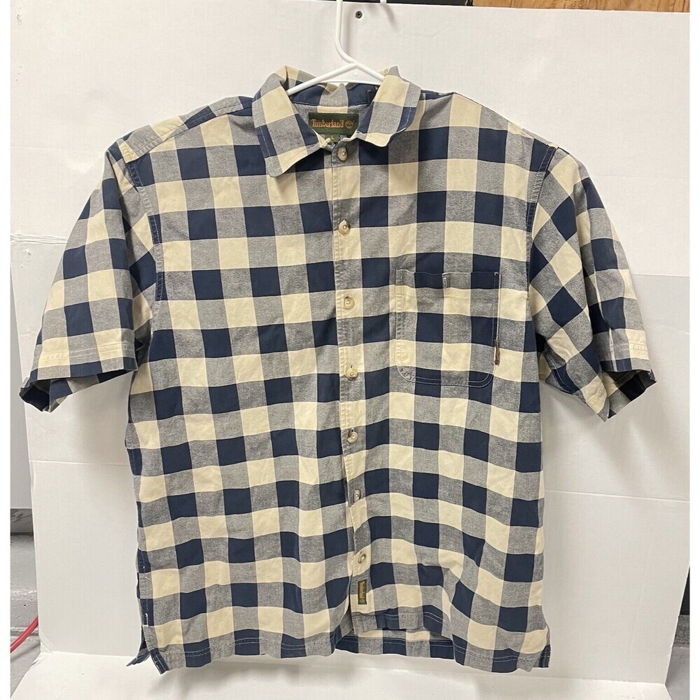 Men's Timberland Boot patch Button Shirt Size‎ Large blue check Cotton Flannel